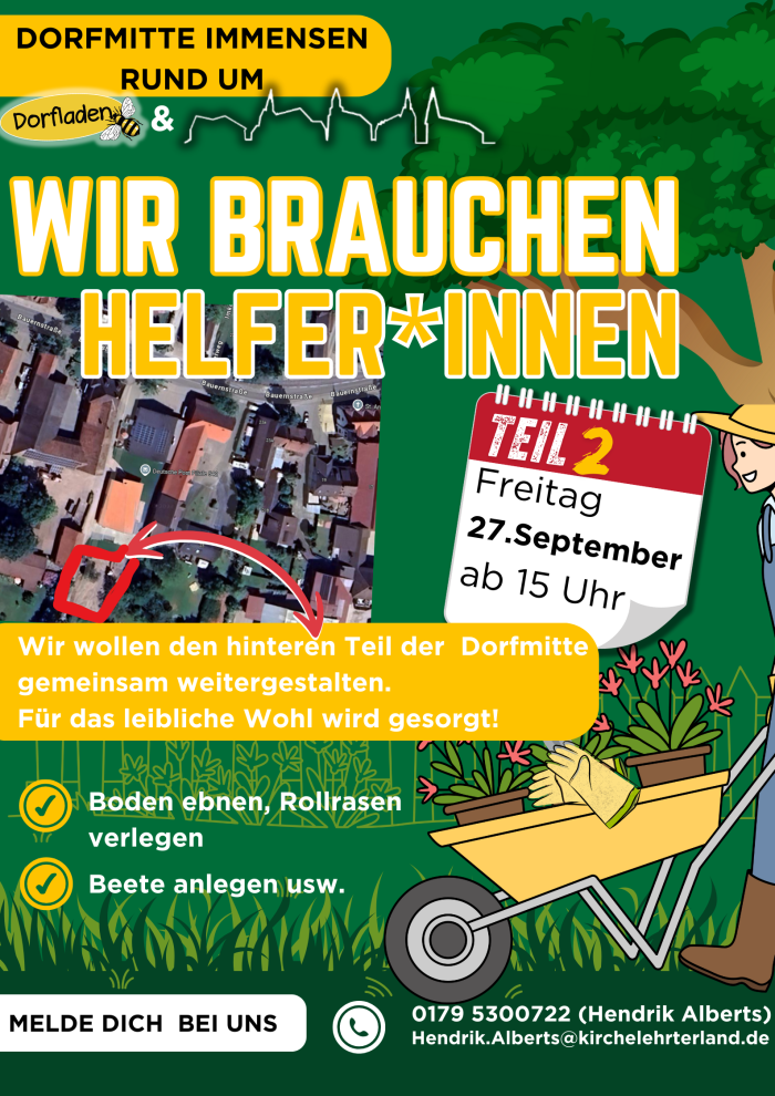 Hallo, *unser* Projekt am Gesamtkirchengemeinde Dorfzentrum soll weiterwachsen. Wir brauchen Maschinen und Muskelpower. Also bitte fleißig bewerben und, wenn möglich, dabei sein… gerne mit Anmeldung bei Hendrik Alberts (0179 5300722) oder Hendrik.Alberts@kirche-lehrterland.de 