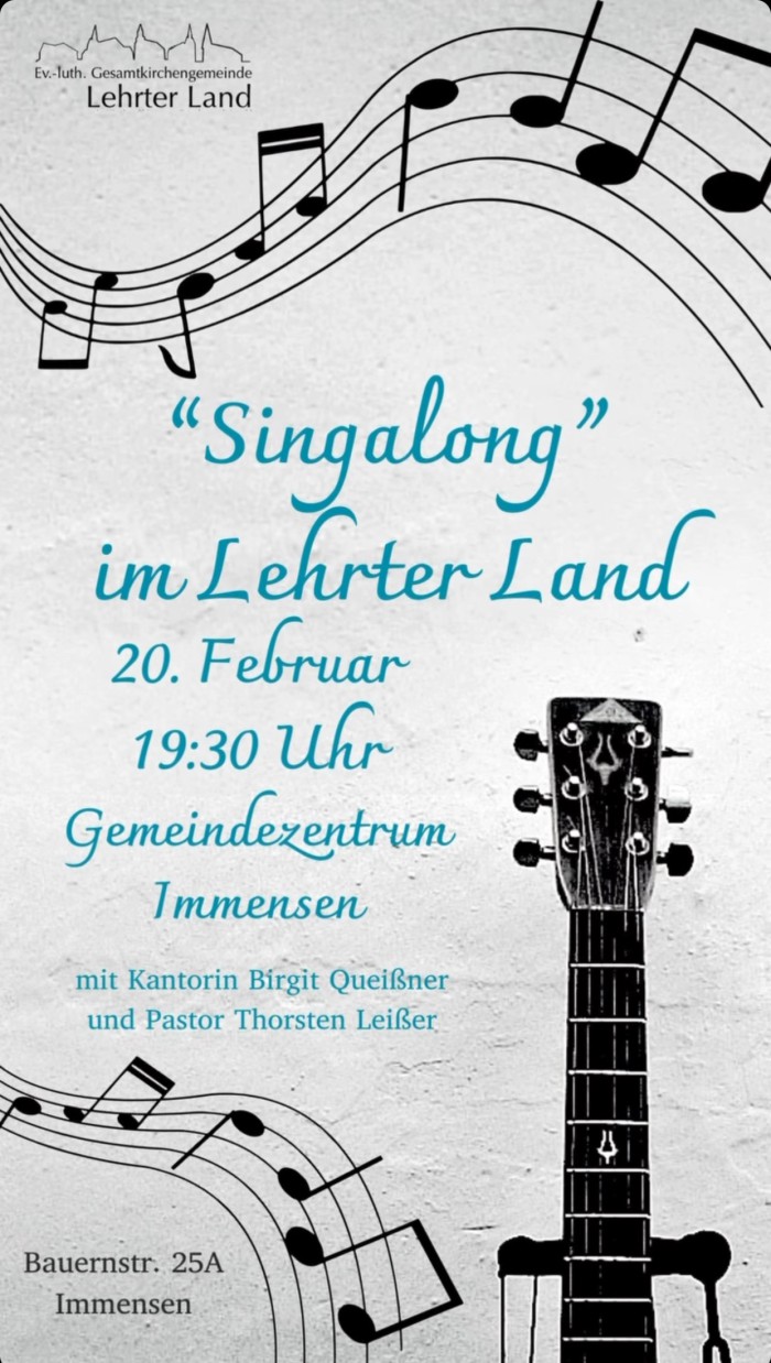 Singalong im Lehrter Land Zusammen singen? Mit und ohne Vorkenntnisse? Einfach mal abends eintauchen in die Welt neue- rer Kirchenmusik, begleitet von E-Piano und Gi- tarre? Das geht im Lehrter Land! Pastor Thorsten Leißer und Kirchenkreiskantorin Birgit Queißner laden ein zu fünf musikalischen Abenden. Mitma- chen kann, wer Freude am gemeinsamen Singen hat. Neben modernen Kirchensongs werden auch mehrstimmige Gesänge aus Taizé angestimmt. Wir lassen uns von den Melodien tragen und ge- nießen die Gemeinschaft. Ein echtes „Singalong“!