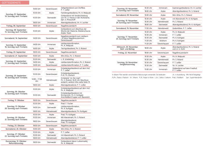 Gottesdienstplan September bis November 2024